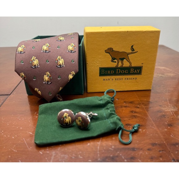 Bird Dog Bay Men's Silk Tie & Cufflinks Set Dog Print Brown Green with Box - Picture 1 of 3